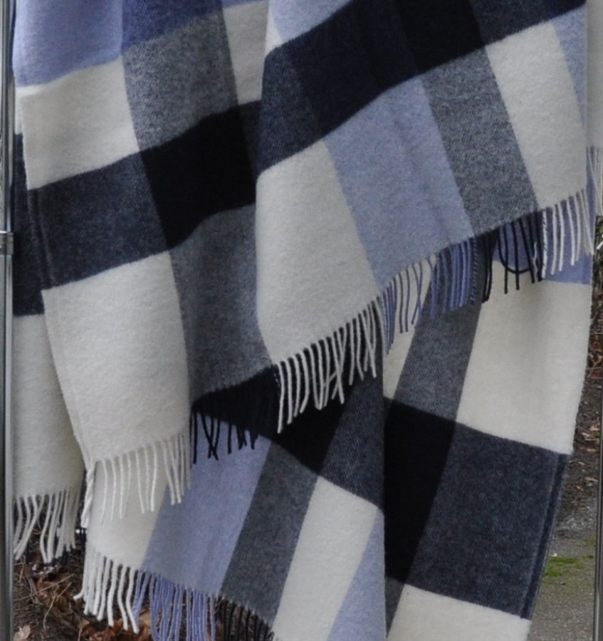 "Eli 3-24" Pure New Wool throw in white, blue and gray checkers